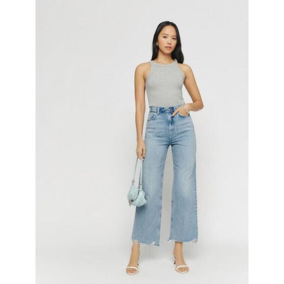 Reformation Denim - Reformation Wilder High Rise Wide Leg Cropped Jeans Raw Hem Rigid Denim Size 28